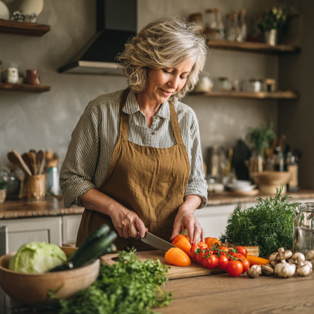 middle-aged woman preparing fresh vegetables for healthy meal planning