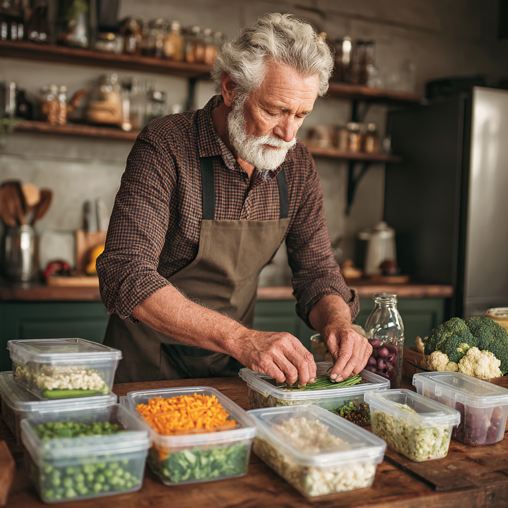 senior man organizing healthy meal containers for weekly meal planning